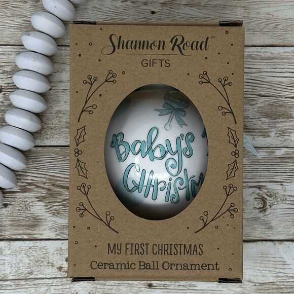 Baby Boy's 1st Christmas Ceramic Ball Ornament Blue and White Handpainted - Picture 2 of 7